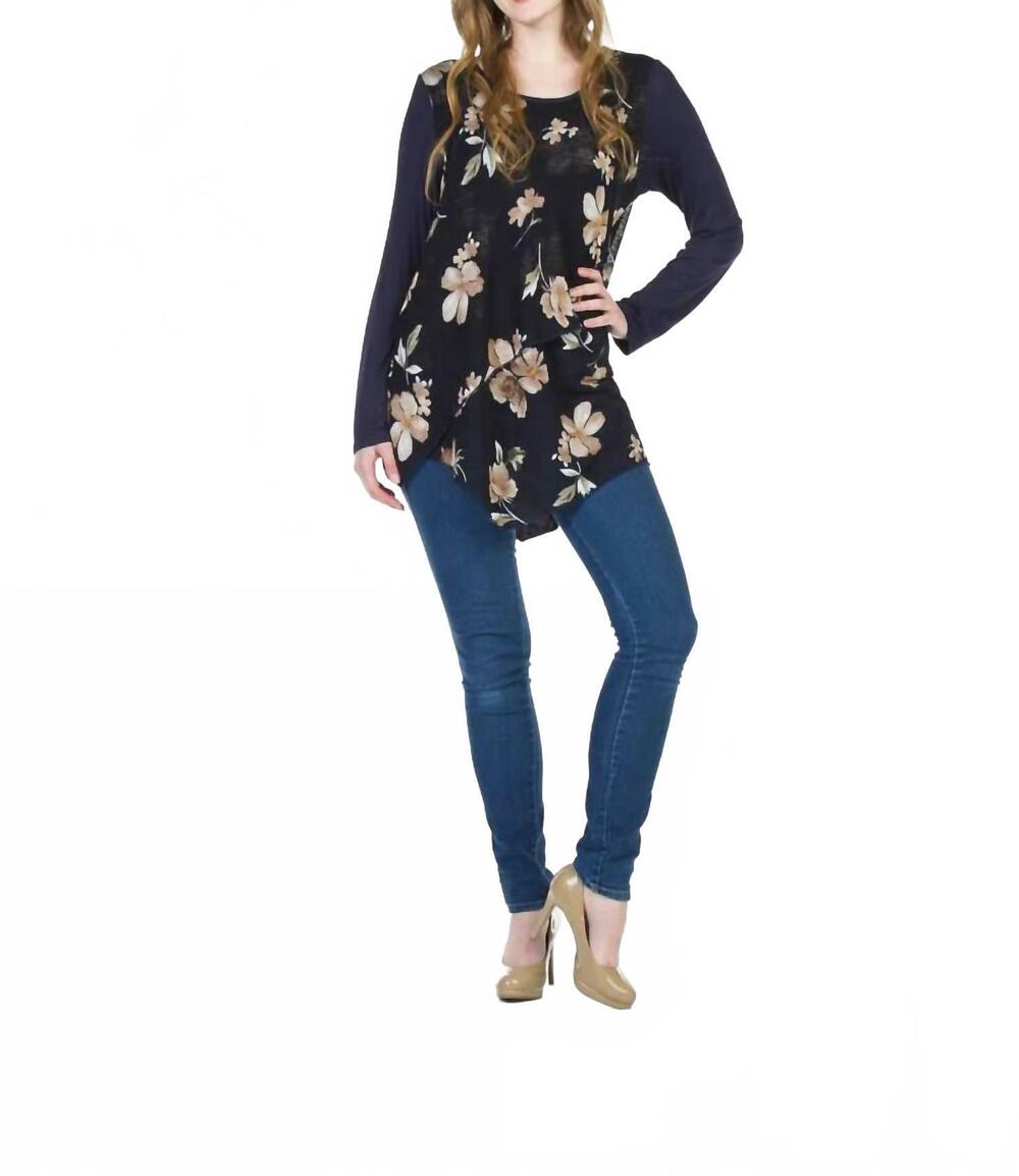 NEW PAPILLON layered floral print sweater top in navy